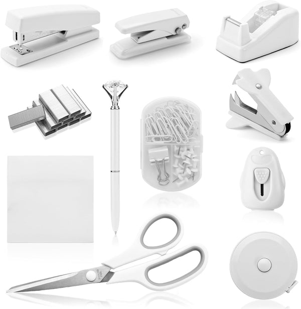 Cute White Desk Accessory Kit, Desktop Stapler Set with Staple Remover, Hole Punch, Tape Dispenser, Pen