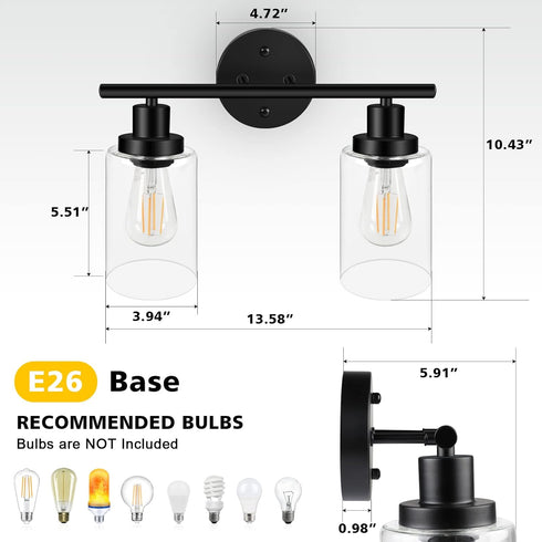 Unicozin 2 E26 (Bulbs Light Vanity Lights, Black Wall Sconce Light with Clear Glass, Bathroom Light Fixtures, Wall