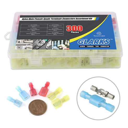 Glarks 300pcs 22-16 16-14 12-10 Gauge Nylon Fully Insulated Male/Female Spade Quick Splice Terminals Kit