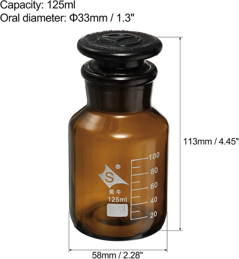 PATIKIL 125mL Reagent Media Bottle, 1Pcs Round 3.3 Borosilicate Glass Graduated Storage Bottle with Amber Cap for Chemistry Lab Universities Home, Amber by PATIKIL