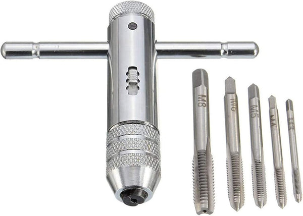 Rocaris Adjustable T-Handle Ratchet Tap Holder Wrench + 5pcs M3-M8 Metric Plug Tap