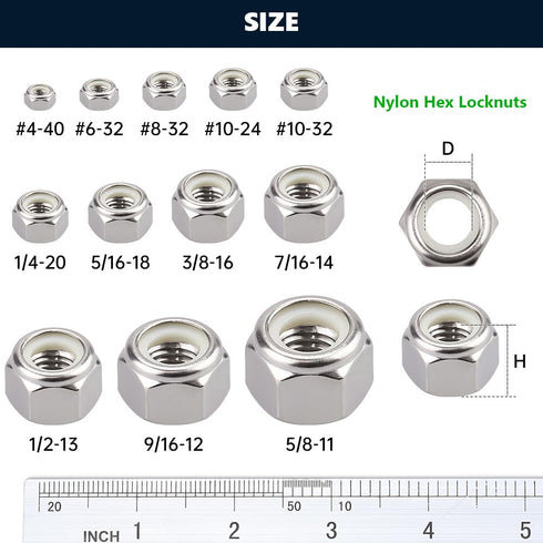 #10-24 inch Nylon Insert Hex Lock Nuts (50 Pack), 304 Stainless Steel (18-8), Corrosion-Resistant Hex Lock Nuts with