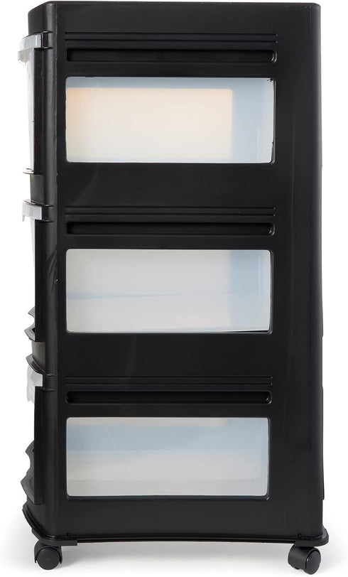 Life Story Classic 3 Tier Shelf, Standing Plastic Storage Drawers and Organizer with Wheels for Home, Black/Clear