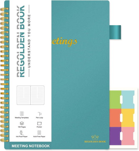 Regolden-Book Meeting Notebook for Work, Project Planner for Note Taking, 160 Pages (7”x10”), Teal