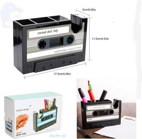 Tape Dispenser with Pen Holder - Retro Cassette Heat Tape Dispenser, Cute Roll Holder with Paperclips for Office Storage
