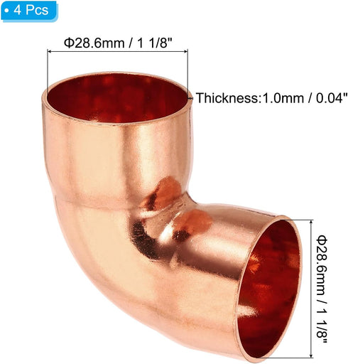 PATIKIL 1 1/8" ID 1mm Thick Elbow Copper Fitting, 4pcs 99.9% Pure Copper Pipe Connector