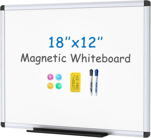 VIZ-PRO Magnetic Whiteboard/Dry Erase Board, 18 X 12 Inches, Includes 1 Eraser & 2 Markers & 4 Magnets