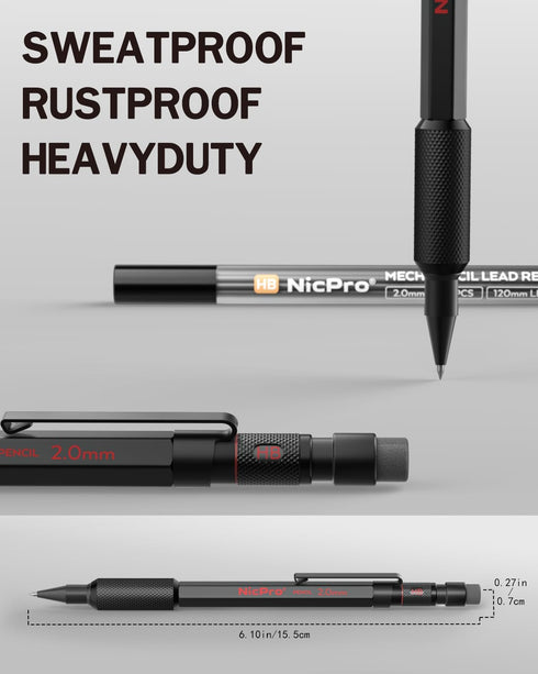 Nicpro 2mm Mechanical Pencils Set with Case, 12 Black Lead Refills, 12 Colored Lead Refills, Heavy Duty Pencil
