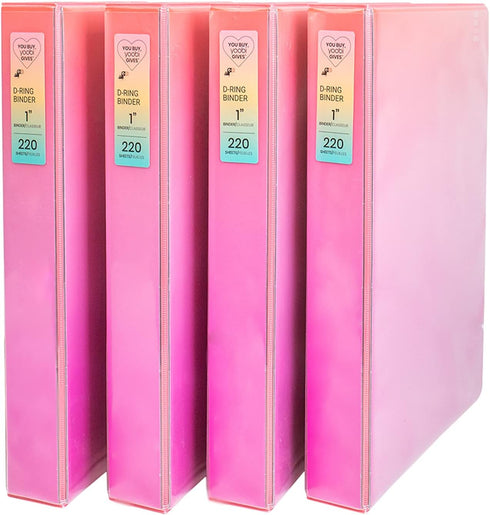 Yoobi 1 Inch Binder Set – 3-Ring Binders with 2 Pockets, Holds up to 220 Sheets, 4 Pack – Pink Ombre