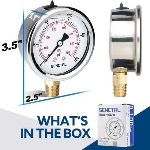 0-100 Psi Glycerin Liquid Filled Low Pressure Gauge, 2.5" Dial Size, 1/4" NPT Lower Mount for Water Pump