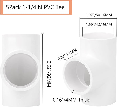 5-Pack 1-1/4" PVC Tee, 3 Way PVC Pipe Fittings Connector, Furniture Grade SCH40