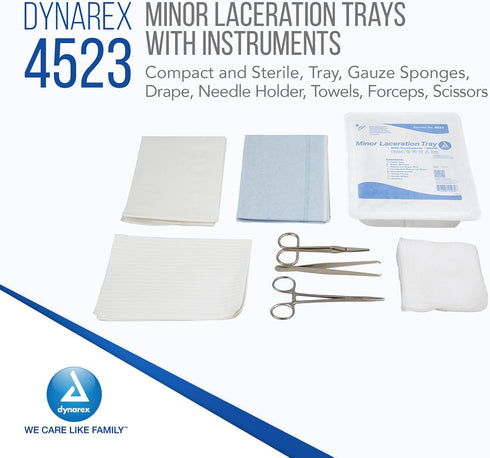 1 Dynarex Minor Laceration Trays with Instruments - Compact & Sterile - Tray, Gauze Sponges, Drape, Needle Holder