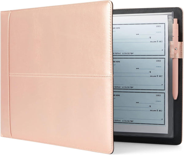 Juvale 7 Ring Business Check Binder, Checkbooks Organization, Rose Gold Faux Leather Folder for 600 Checks