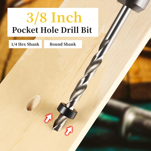 3/8 Inch Pocket Hole Drill Bit with 1/4 inch Hex Shank for Manual Pocket Hole Jig System
