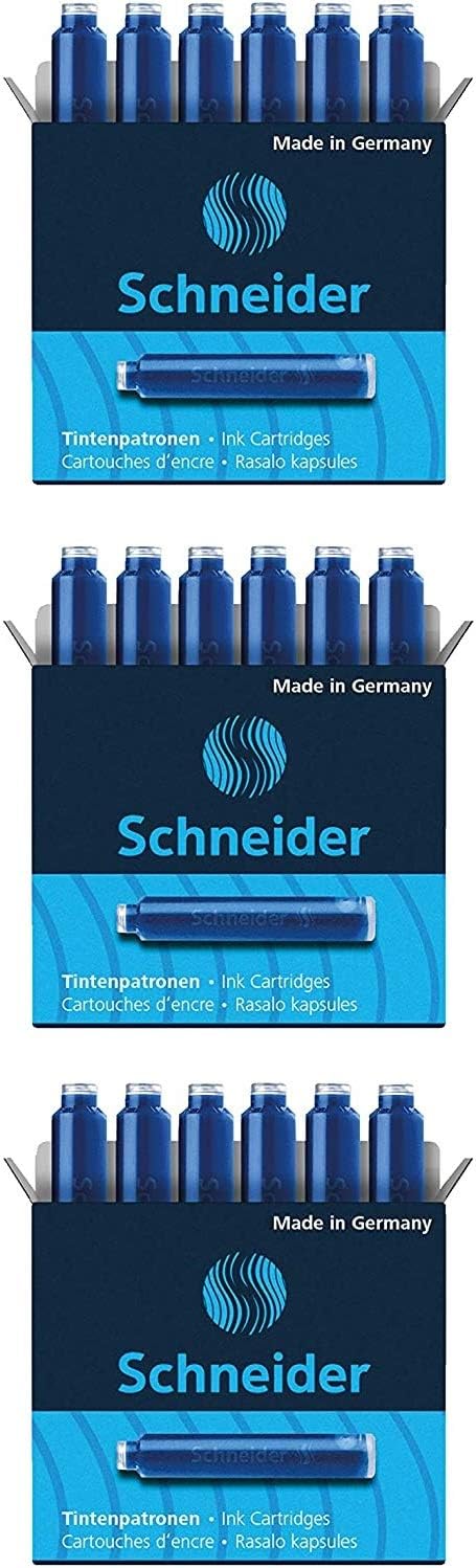 Schneider Ink Cartridge, Ball Closure, Refill for Fountain and Rollerball Pens, Blue Ink, Pack of 3 Boxes/6 Cartridges
