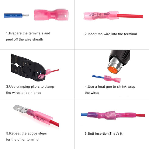 100PCS Heat Shrink Spade Connectors, 12-10AWG Female Male Fully Insulated Terminals Wire Crimp Connectors Kit