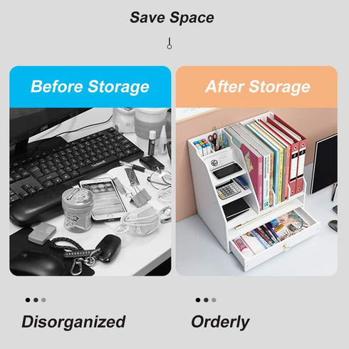 Desk Organizer with Pen Holder, DIY White Stationery Desktop Storage Sorter with Drawer for Home, Office, School