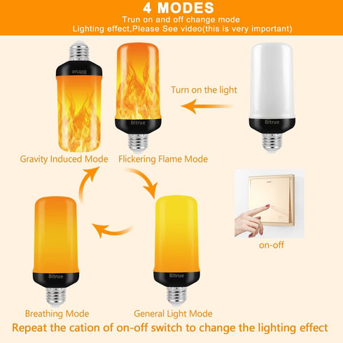 Bitrue LED Flame Effect Light Bulb, E26 Base, 4 Modes, Flickering Light Bulbs for Halloween Home Party, 4 Pack