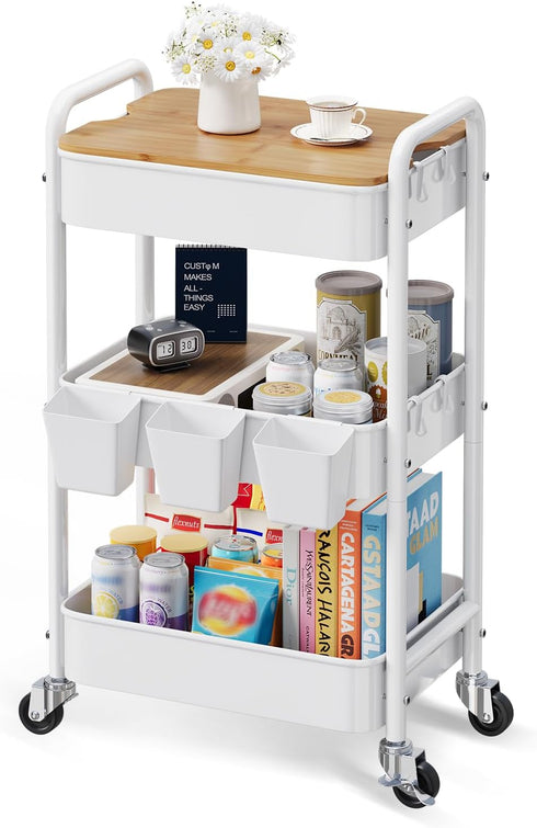 Rcemlip 3 Tier Rolling Cart with Wood Table Top, White Bedside Cart on