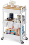 Rcemlip 3 Tier Rolling Cart with Wood Table Top, White Bedside Cart on