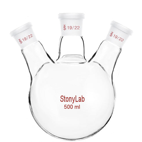 stonylab Glass 500 mL Heavy Wall 3 Neck Round Bottom Flask RBF, 19/22 Center and Side Standard Taper Joint