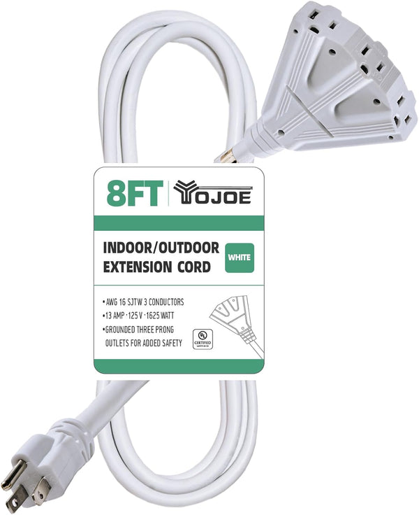 YOJOE White 8 ft Outdoor Extension Cord Multiple Outlets 3 Prong - 16/3 SJTW Waterproof Power Extension Cable