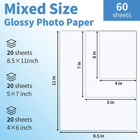 Reastar 60 4x6 5x7 8.5x11 inch Brochures(180gsm/48lb) Sheets Glossy Photo Paper, Inkjet Photo Printer Paper, Instant