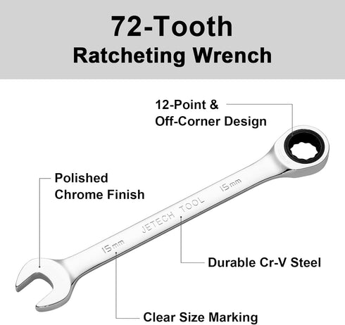 Jetech 15mm Ratcheting Combination Wrench, 12PT 72 Tooth Gear Wrench, Industrial Grade Cr-V Steel Gear Spanner for Household Garage Auto by Jetech