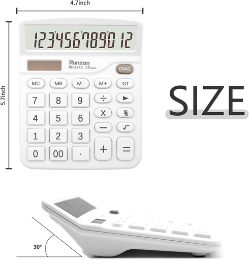 White Calculator, Basic Office Calculator with 12 Digit Large LCD Display, Sensitive Button for White Office Supplies