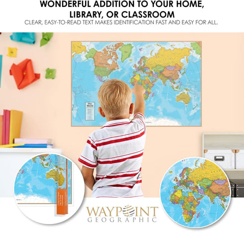 Waypoint Geographic Blue Ocean Series World Wall Map, Laminated Educational Poster, 24” H x 36” W