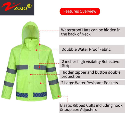 zojo High Visibility Safety Rain Suit, Jacket and Pants, Reflective Rain Coats (Yellow-2XL)