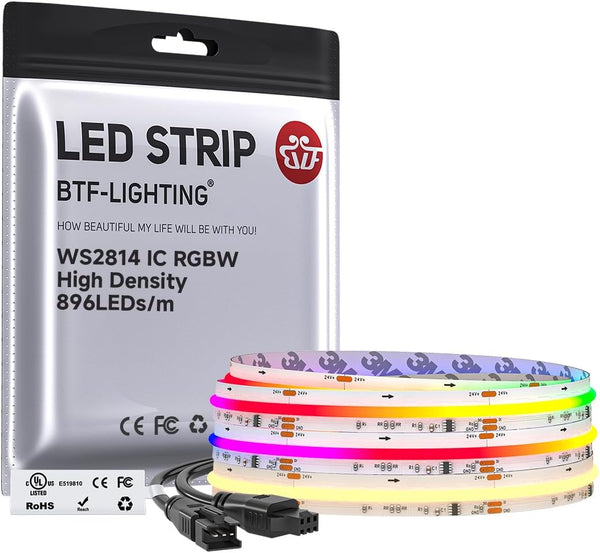 BTF-LIGHTING FCOB COB LED Strip WS2814 Smart IC RGBW 3000K, UL Listed