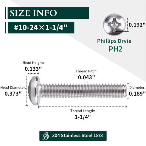 #10-24 x 1-1/4" Pan Head Machine Screw, Phillips Drive, 304 Stainless Steel, 50 Pcs Bright Finish
