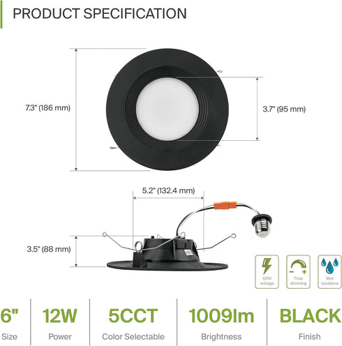 6 Inch 12W 2700K-5000K 1009LM 6 Inch, Dimmable ASD Black Retrofit LED Recessed Lighting - Can Lights for Ceiling Black