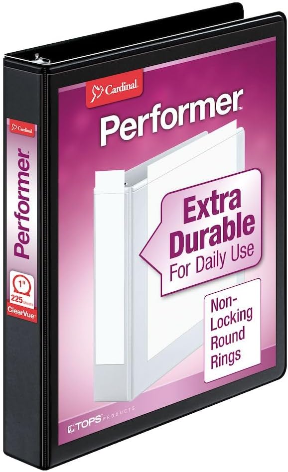 Cardinal 3 Ring Binder, 1 Inch Performer ClearVue Binder, Round Rings, 225-Sheet Capacity, Black (67225)