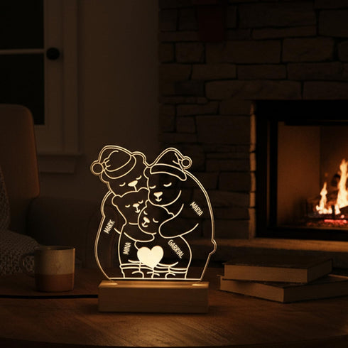 (4 Decorative Acrylic Family Night Light Personalized Teddy Bear LED Lamp, Charming Accent for Childrens Room