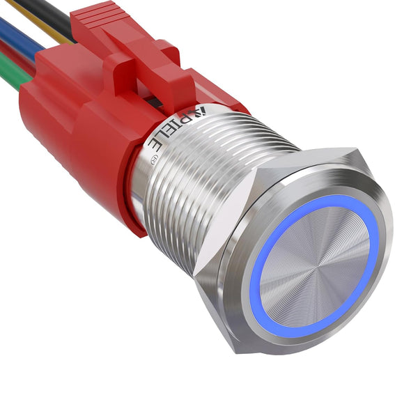 APIELE 16mm Latching Push Button Switch - 12V DC On Off Stainless Steel with LED Angel Eye Head