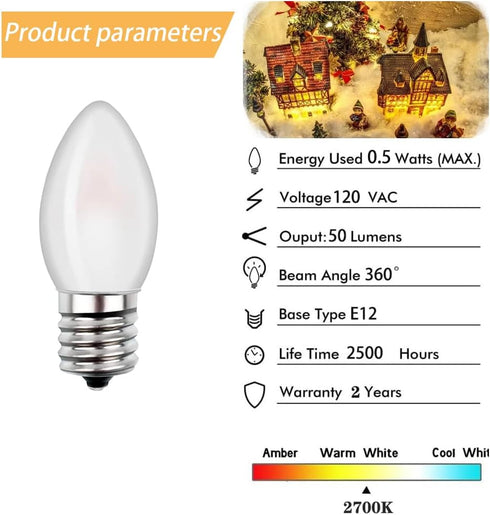 Christmas Village Replacement Light Bulbs C7 Edison LED Mini Night Light Bulbs 0.5W Equivalent to 5 Watt Incandescent - E12 Candelabra Base 2700K Warm White for Home Decorate Window Candles -6Pack
