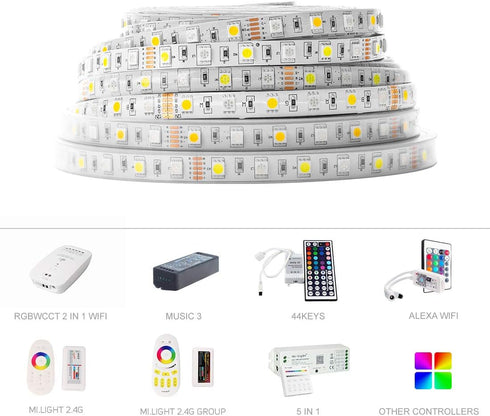 5050 White(6000K-7000K) 150RGB+150White 5m 16.4ft 60LED/m IP65 10mm DC12V BTF-LIGHTING RGBW RGB+Cool LED Tape Light
