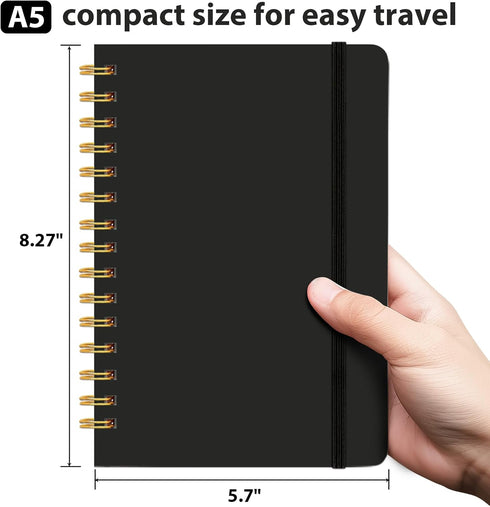 Lined Spiral Journal (Black), 5.7"x 8.27", 160 Pages, A5 Notebook with Pen Holder & Pen for Writing
