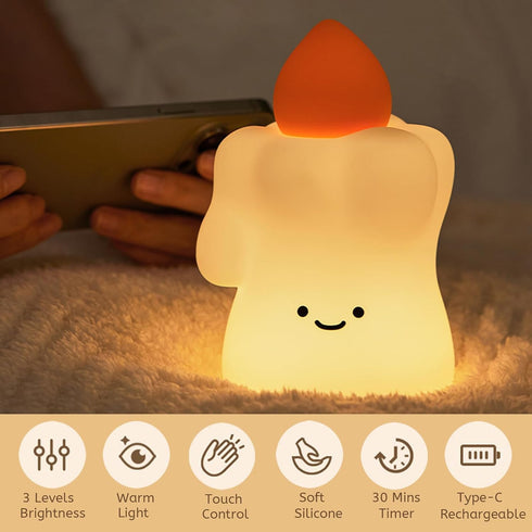 3-Level Dimmable AVEKI Cute Candle Silicone Baby Night Light for Nursery, Rechargeable & Touch Night Light, Timer