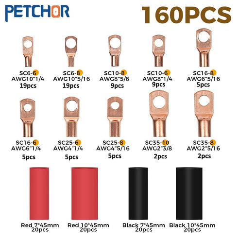 160PCS Copper Wire Terminal Connectors, 80Pcs Battery Cable Lugs and 80Pcs Heat Shrink Tube, AWG 2-12