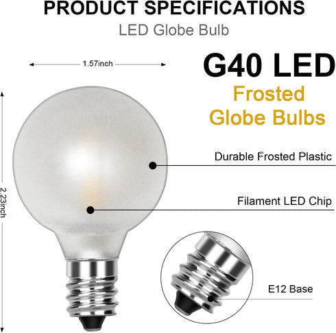 25 Pack G40 LED Globe Frosted Light Bulbs, Shatterproof Led Replacement Light Bulbs for Indoor Outdoor String Lights, E12 Screw Base 0.6watt, Warm White by Pallerina