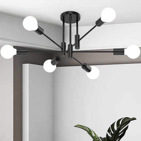 6-Light Sputnik Light Fixture, Solid Matte Black Mid-Century Modern Chandelier for Dining