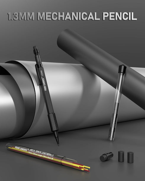 Four Candies 1.3mm Mechanical Pencil Set with Case, Heavy Duty Outdoor Carpenter Pencil with 24 Refills