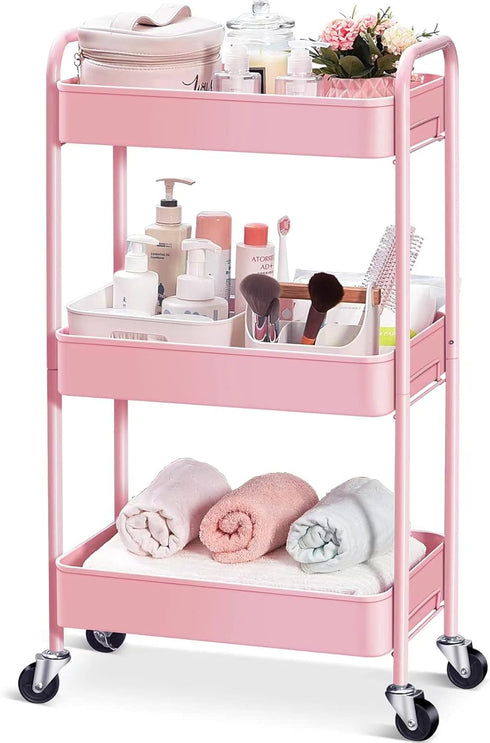 TOOLF 3-Tier Rolling Cart, Pink Metal Utility Cart with Lockable Wheels, Easy Assembly for Baby Room, Bathroom, Kids'
