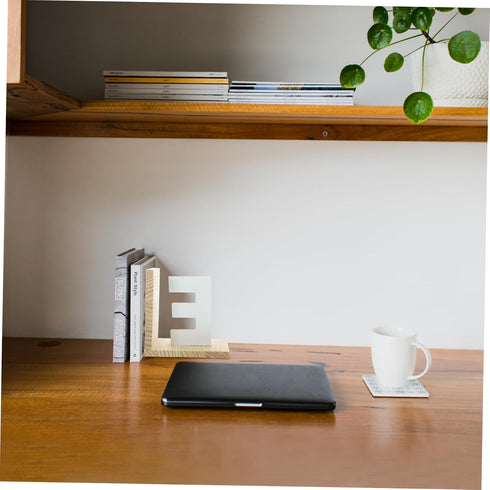 Minimalist E-Shaped Wooden Bookends - Elegant Desk Book Stoppers
