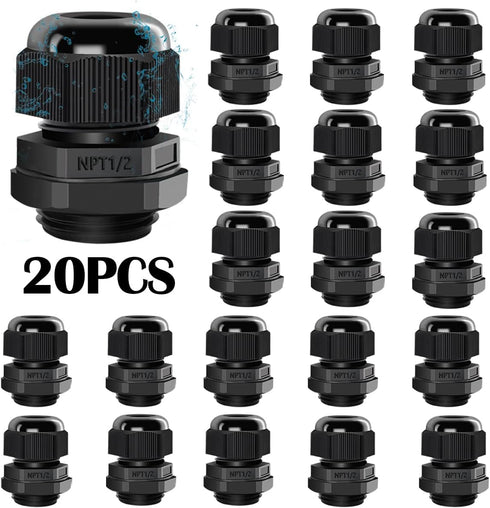 20PCS Nylon Cord Grip Cable Glands Kit, Black IP68 Waterproof 1/2 NPT Strain Relief Connectors with Gaskets