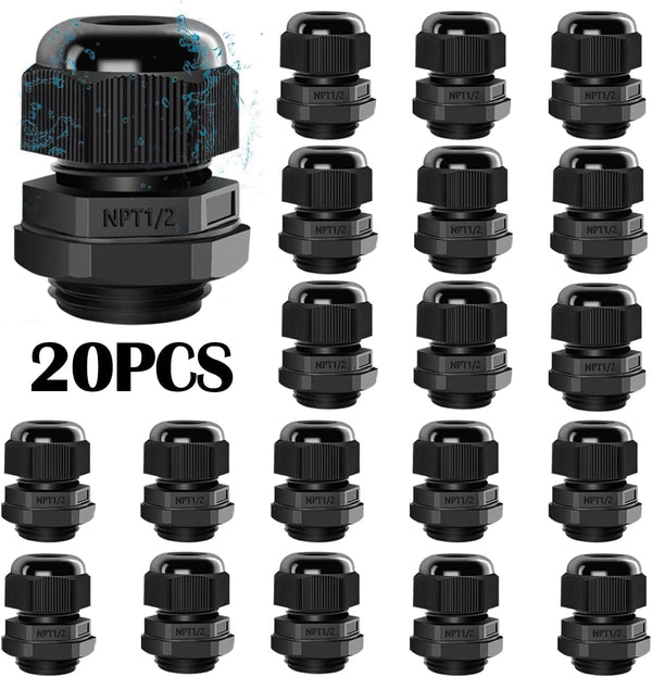 20PCS Nylon Cord Grip Cable Glands Kit, Black IP68 Waterproof 1/2 NPT Strain Relief Connectors with Gaskets
