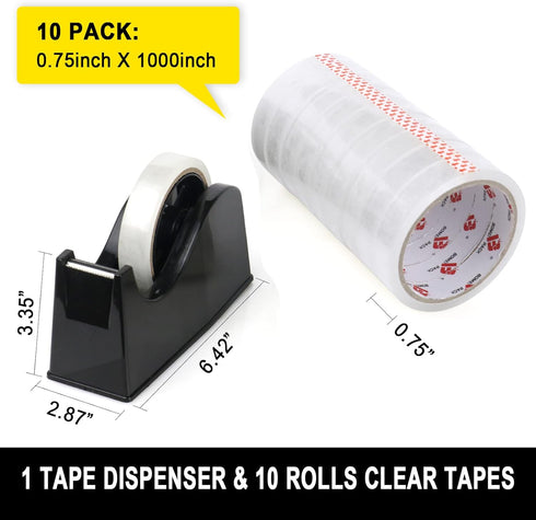 BOMEI PACK Desktop Tape Dispenser (Fits 1" & 3" Core) with Transparent Tape Refills and Weighted Non-Slip Base